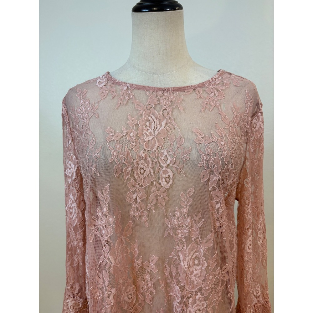 Sheer Lace Top Women L Pink Boho Whimsy Romantic Bell Sleeve Coquette Fairy - Picture 2 of 6